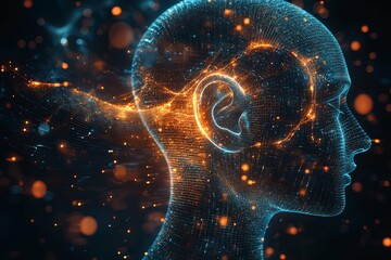 Wall Mural - a digitized human head profile with glowing energy sparks and dots