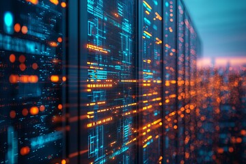 Wall Mural - data servers and glowing digital information representing technology