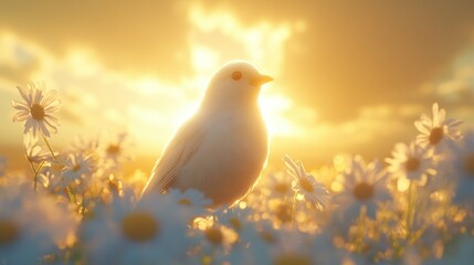 white bird in a field of flowers at sunset