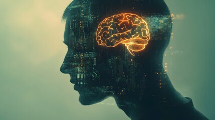 Poster - Profile of a Man with Digital Brain Concept in Abstract Style