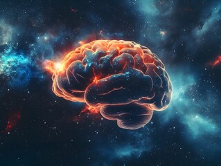 Aufkleber - Glowing Brain in Cosmic Space with Colorful Nebula Background