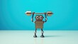 © Giovanni - A toy robot weightlifter is lifting a heavy steel barbell. Strength weight training activity. Sport fitness, weightlifting, and powerlifting athletic workouts.