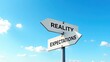 © Giovanni - Two street signs on a metal pole depict the difference between reality and expectation, featuring directional arrows. Crossroads Road Sign with two arrows against a blue sky background, showcasing ...