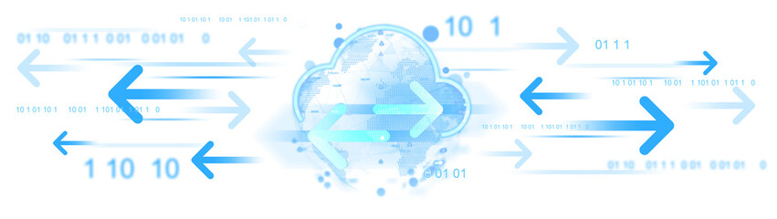 Abstract image of cloud computing with data flow arrows and binary code in blue tones on a white background. Concept of digital communication and technology. 3D Rendering