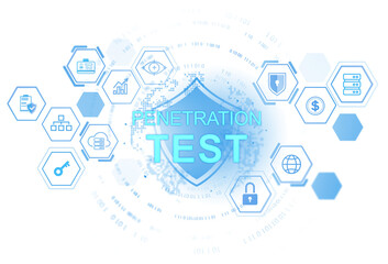 Cybersecurity penetration test concept with digital shield, hexagonal icons, and binary code on a light background. Secure network protection theme. 3D Rendering