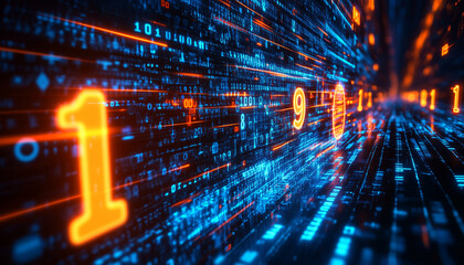 stream of data and binary code and prominent numbers 1 and 9 glowing yellow - fiber optics backgroun