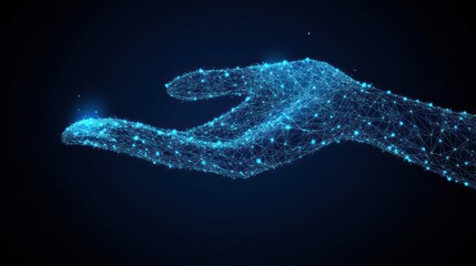 Abstract digital hand offering, glowing network structure