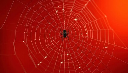 Intricate spiderweb detail, dewdrop, spider silhouette, dark orange backdrop, art, arachnid
