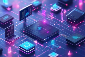 Wall Mural - a futuristic depiction of computer components and network connections