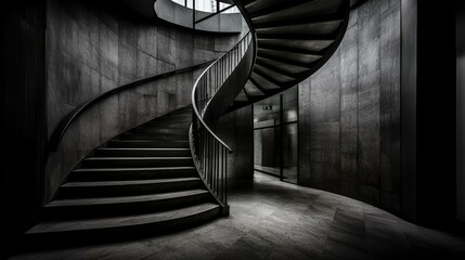 Poster - Spiraling minimalist black and white staircase modern architecture indoor setting abstract design unique viewpoint