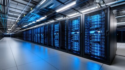 Fototapete - Innovative data center showcasing blue server racks modern technology indoor environment wide angle view