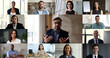 © fizkes - Head shot portrait mature 40s Hispanic businessman, boss, team leader make speech during formal online meeting with multiracial colleagues, multiple videos collage view. Videoconference app, business
