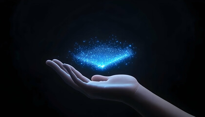 A hand holds a glowing, digital data form