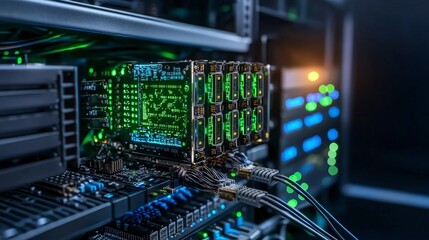 Fototapete - Server farm operations closeup of high-tech data center technology environment futuristic viewpoint
