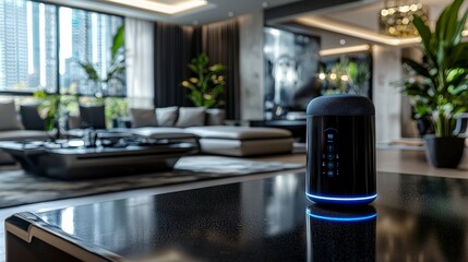 Leinwandbilder - Futuristic ai-powered home assistant device modern living room technology display sleek environment close-up view