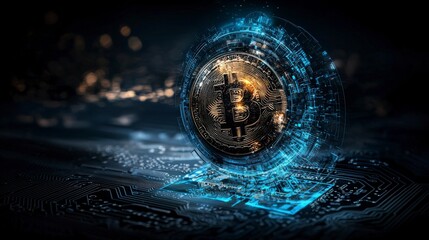 Fototapete - Futuristic digital coin glowing in gold and silver virtual reality technology cyber environment close-up innovation