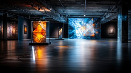 Fototapete - Urban contemporary art gallery installation with geometric sculptures in indoor space - wide angle view