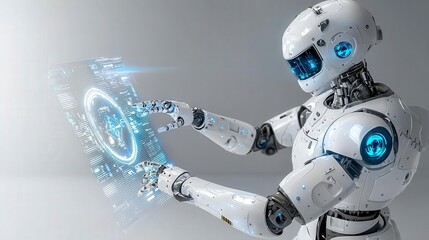 Fototapete - Humanoid robot interacts with holographic display in a futuristic lab environment