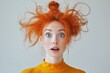© Michael - Close-up of young redhead woman with messy hair bun, expressing shock and surprise with wide open blue eyes and mouth