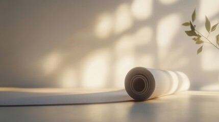 Poster - Minimalistic yoga mat on light background with natural shadows creating a serene atmosphere for mindfulness practice