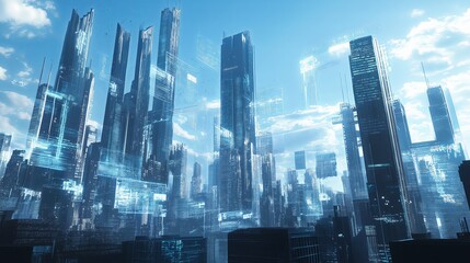 Poster - A futuristic cityscape with towering skyscrapers and holographic displays