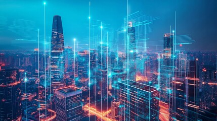 Poster - A futuristic cityscape with towering skyscrapers and holographic displays