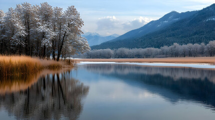 Snow Covered Trees Beside Reflective Lake Under Cloudy Blue Sky with Mountains in Background