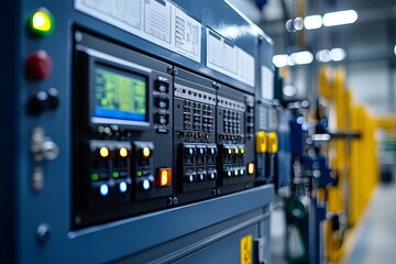 A close up view of industrial control panel displays