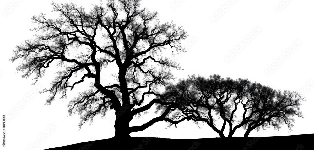 Stark black tree silhouette against a pure white background, minimalist ...