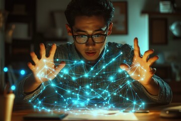 A young man interacts with a glowing digital network, exploring connections and data visualization.