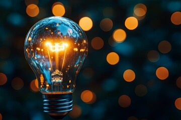 Wall Mural - a lit incandescent light bulb against a blurred background with bokeh