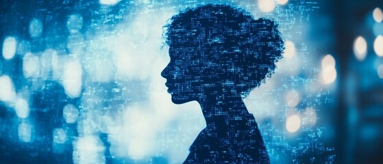 Digital Woman A silhouette of a woman's profile, formed by data streams, against a blurred blue background