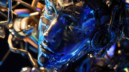 Canvas Print - cyberpunk robot: metallic blue android sculpture