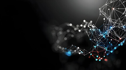 Abstract digital network data connection with white blue and red illuminated lines and points on dark background