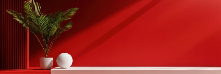 Poster - A red wall with a white vase and a white ball on a shelf