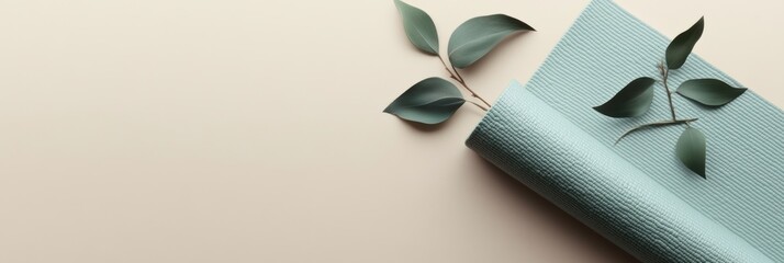 Poster - Minimalistic yoga mat with green leaves on light background designed for a serene and calming practice space