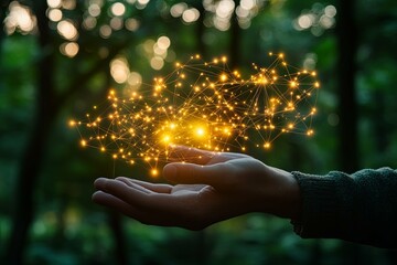 Wall Mural - human hand holding a glowing network against a blurred green background