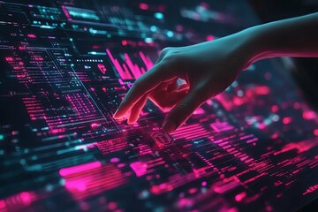 Wall Mural - human hand interacting with a futuristic digital display interface