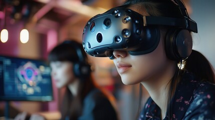 Woman engrossed in virtual reality headset, colleague in background