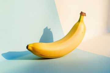Poster - Bright yellow banana on a soft pastel background highlighting simplicity and natural beauty in a minimalist setting