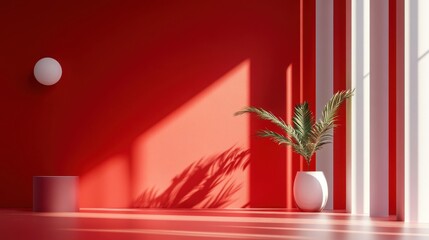 Poster - A red room with a white wall and a white vase with a plant in it