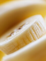 Fototapete - Close up macro shot of sliced banana halves revealing texture and details with blurred background highlighting natural beauty