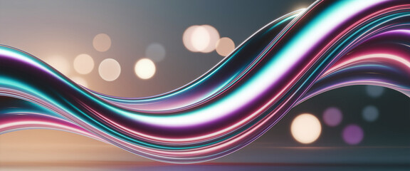 Fototapete - Abstract image of flowing, iridescent teal and purple ribbons against a blurred bokeh background, suggesting movement, fluidity, and elegance, suitable for design or technology concepts