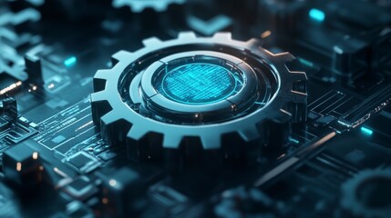 Aufkleber - Futuristic gear on circuit board. Possible stock photo use