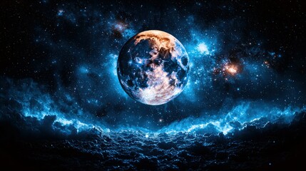 Wall Mural - Cosmic landscape featuring a vibrant planet above a nebula.