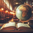 © Mo Stock - Old opened book with an old globe on a library World Book Day concept