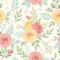  Watercolor Roses Seamless Pattern, Blush Pink and Cream Tones