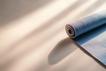 Aufkleber - Minimalistic yoga mat placed diagonally on a light background with muted tones and ample empty space inviting calm and focus