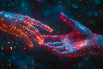 Wall Mural - two glowing digital hands reaching to connect each other softly