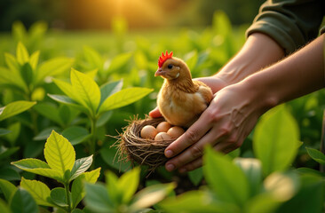 closeup of hands gently holding a small chick and nest of eggs in a lush green natural setting at su